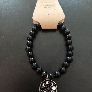 Handmade Black Beaded Bracelet with Silver Charm